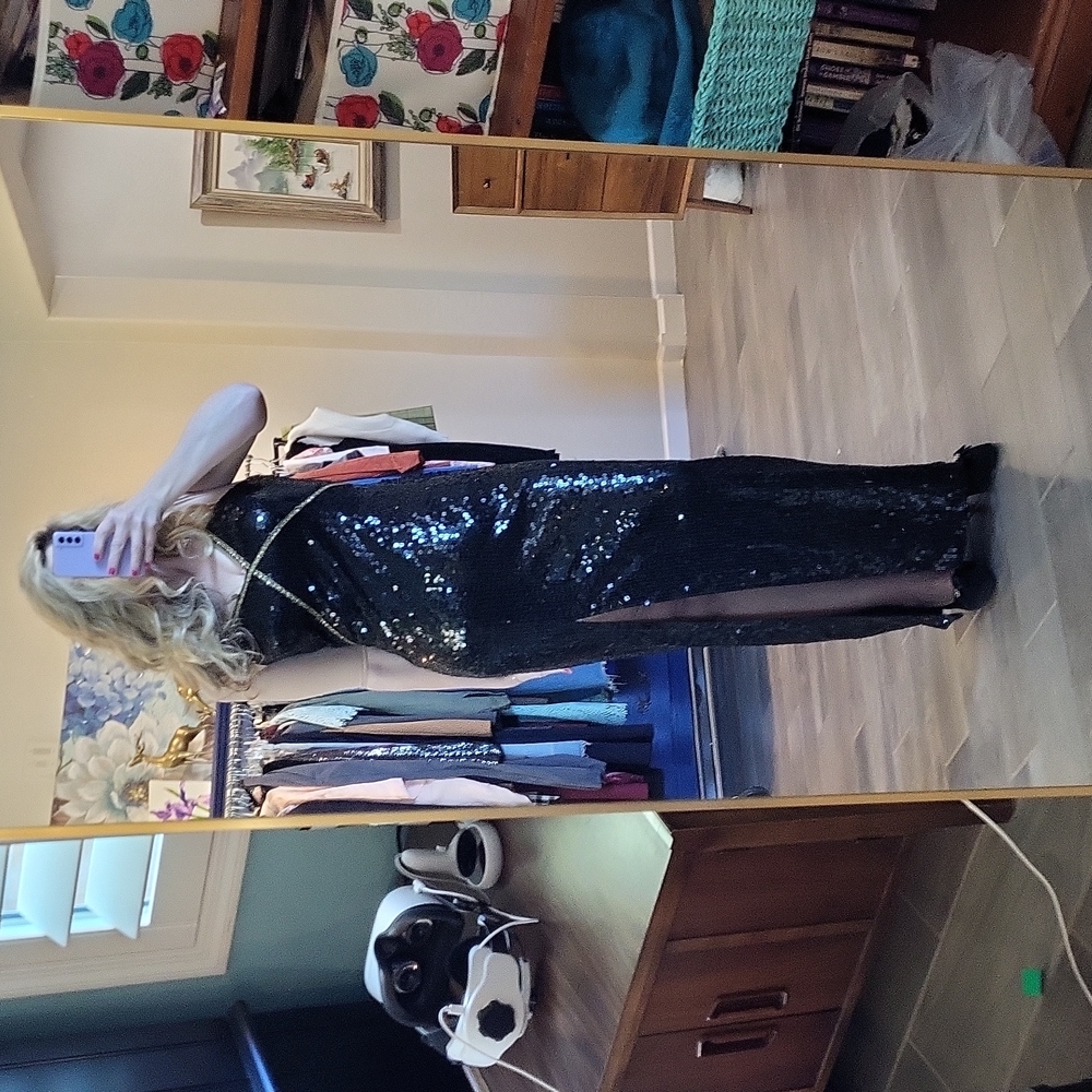 Scala Black Sequin Formal Gown With Gold Sequin B… - image 8